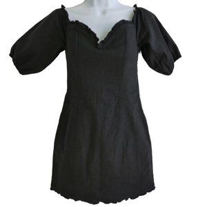 LiNeN Lovers+Friends Black Linen Blend Mini Dress Boning Ruffled Sweetheart Hem